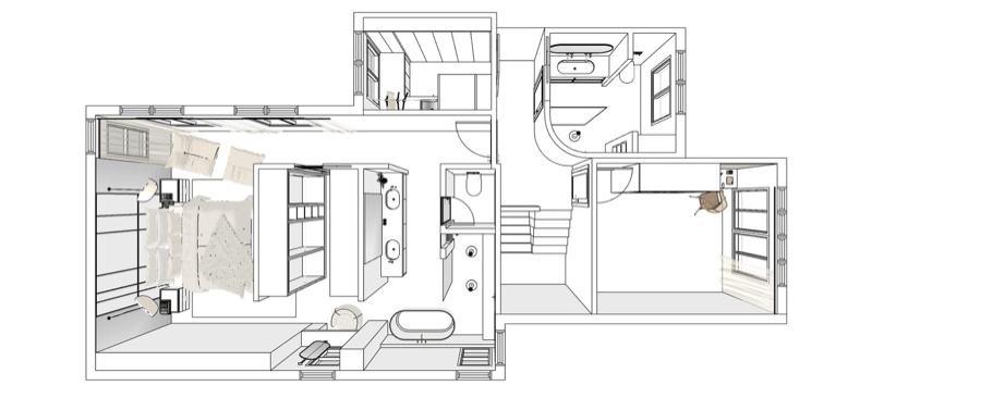 Plan d'espace 3D en noir et blanc, blocage de l'espace, réalisation L'AGENCE Intérieurs