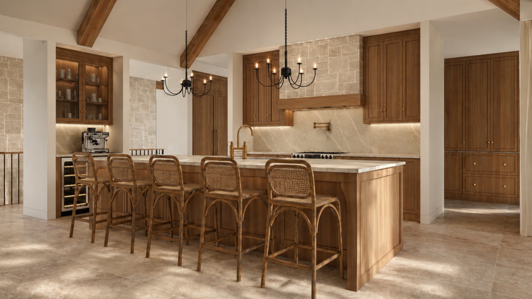 Cuisine chaleureuse avec chandeliers noirs et poutres apparentes, réalisation L'AGENCE Intérieurs