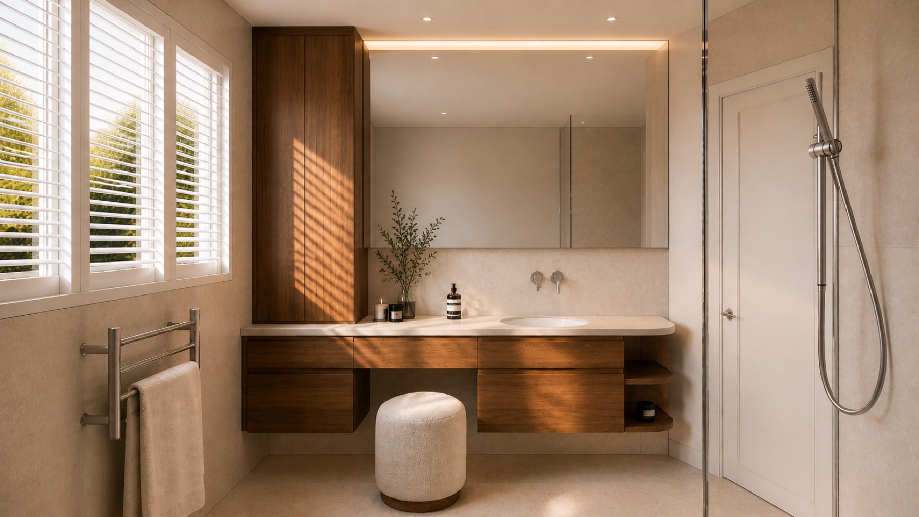 Salle de bain spa avec vanité flottante en bois et miroir pleine largeur