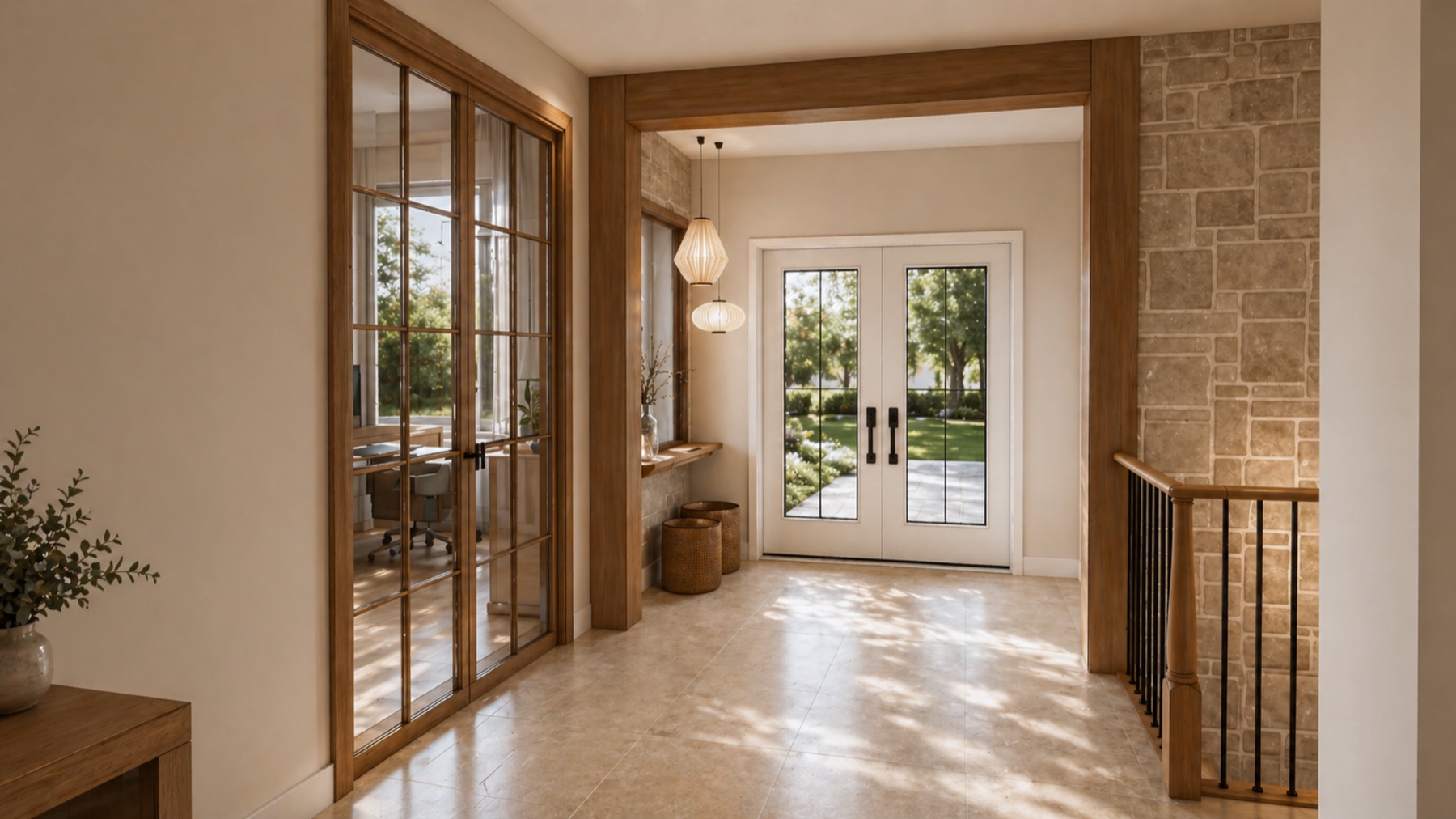 Entrée principale avec portes françaises et pierre naturelle